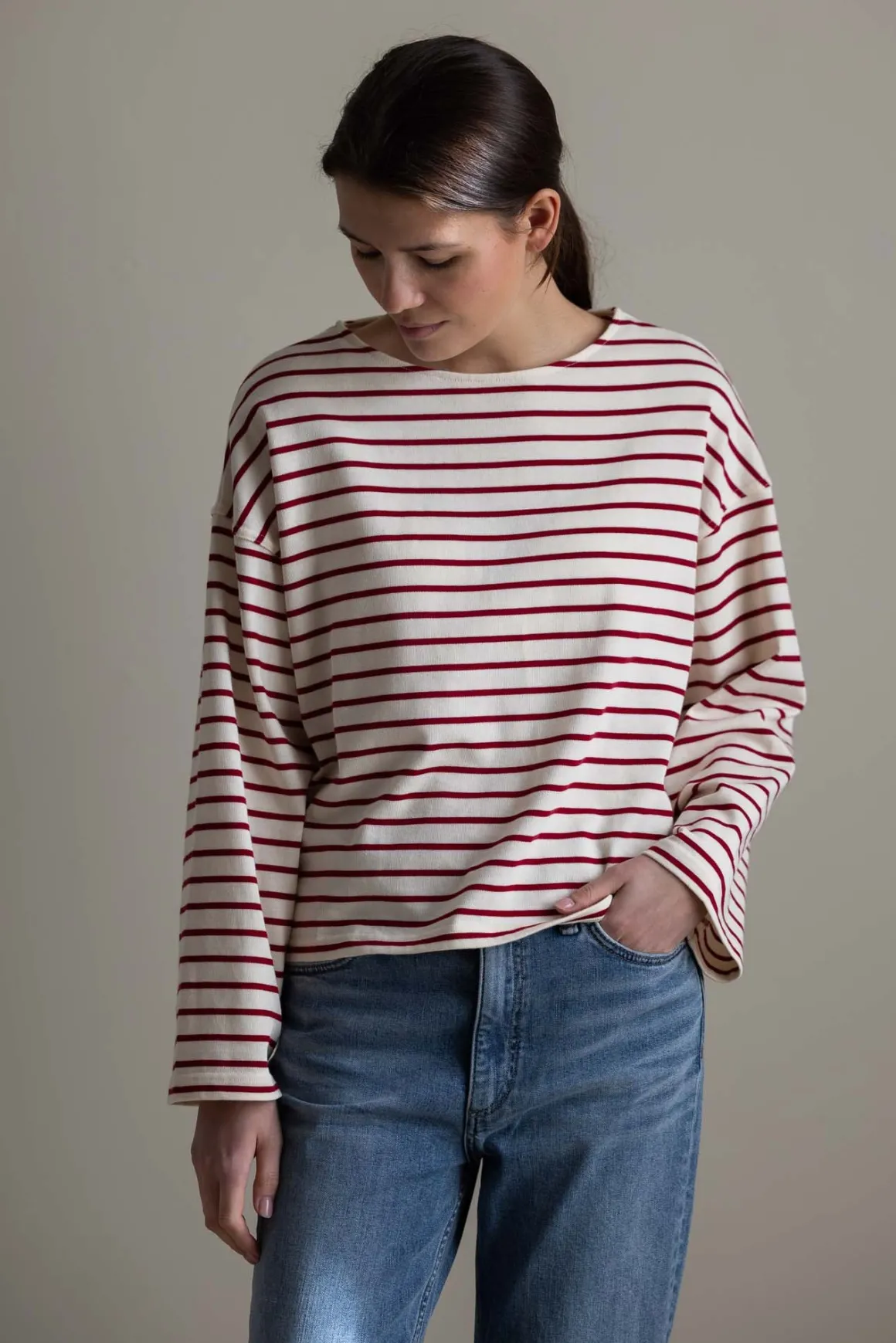 Genser - Breton Boatneck Longsleeve Cream Winetasting Stripe