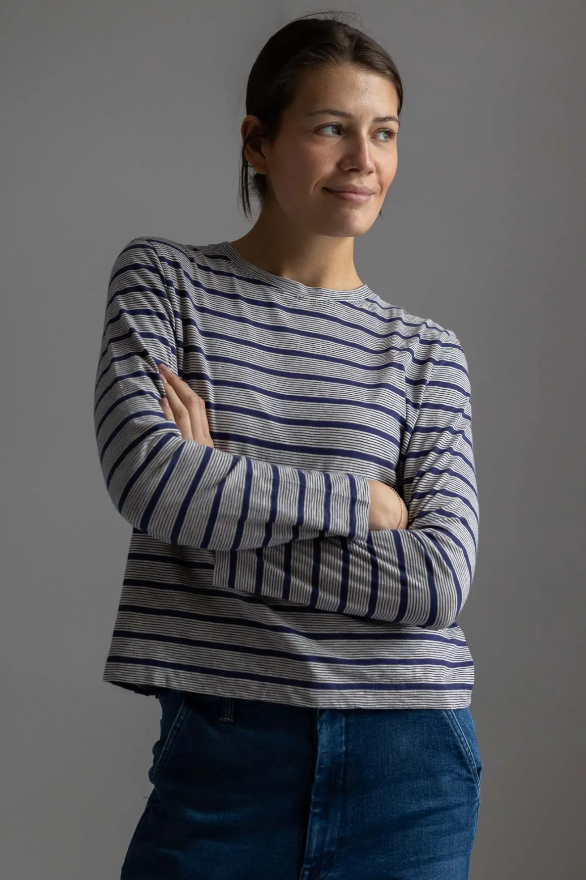 Genser - Stripe Crew Neck Tee Ecru/Royal Blue