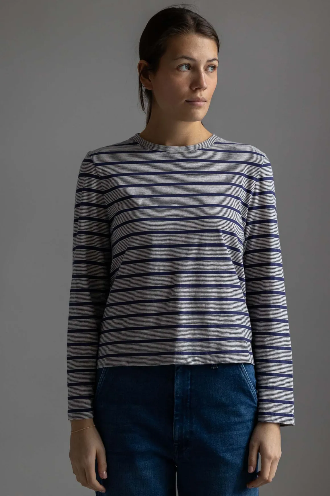 Genser - Stripe Crew Neck Tee Ecru/Royal Blue