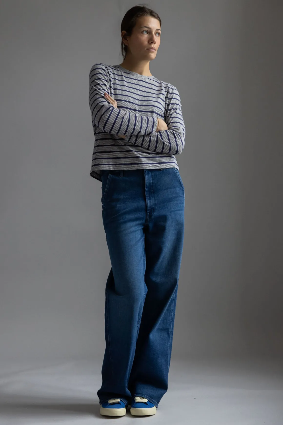 Genser - Stripe Crew Neck Tee Ecru/Royal Blue